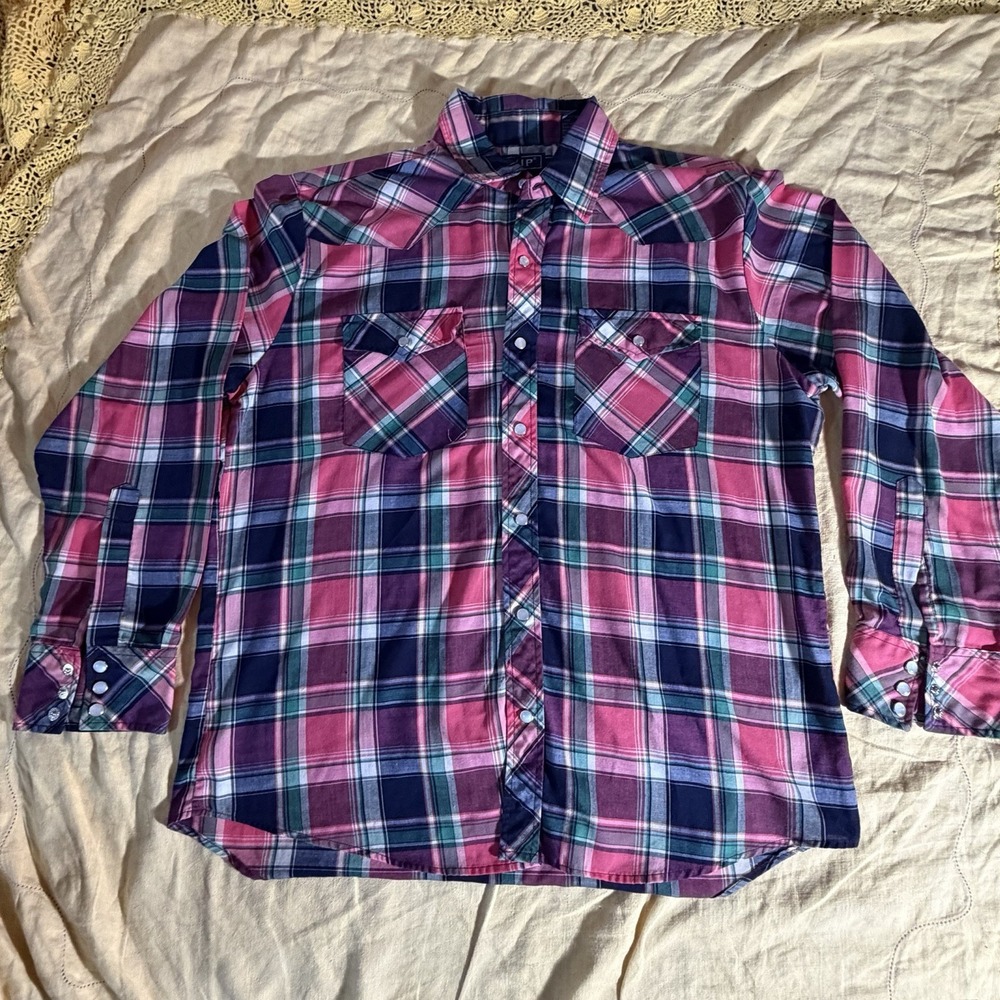 Vintage Vip Men's Plaid, Button-Down Shirt, Western Pearl Snap Size Large